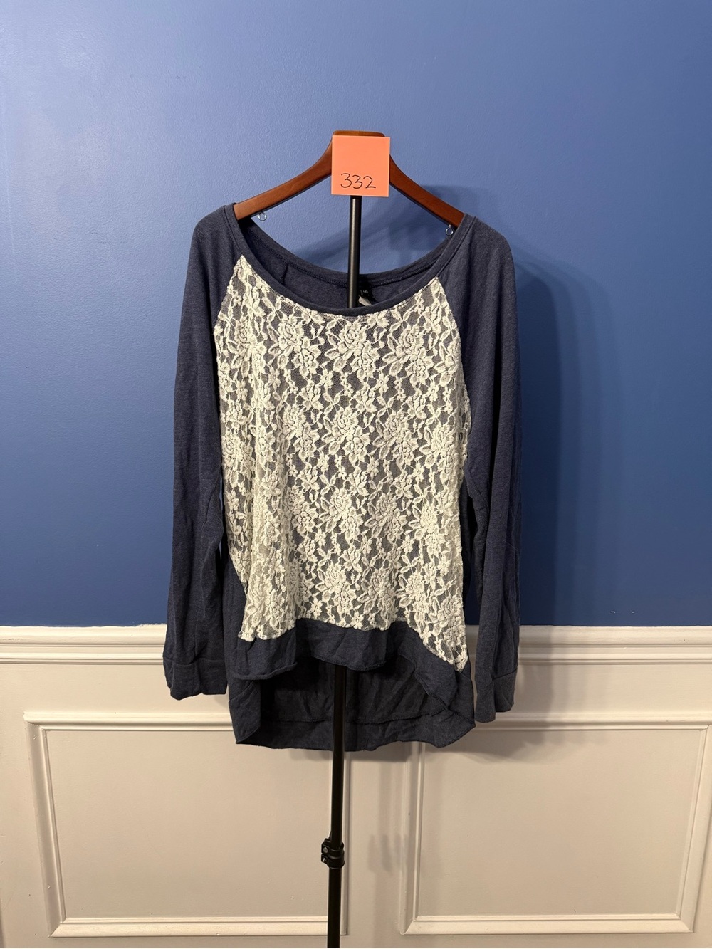 torrid Navy Blue Long-Sleeve Top with White Lace Front Panel